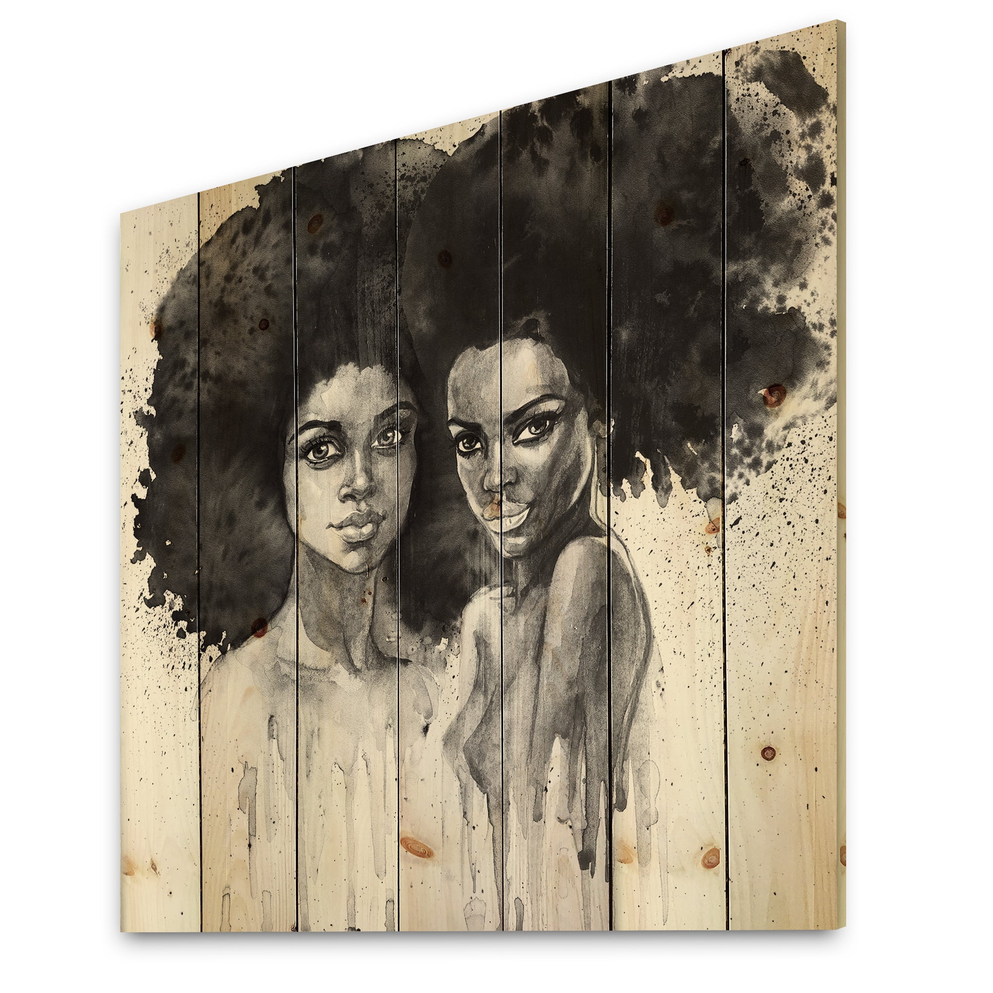 Designart 'Portrait of Afro American Woman XI' Modern Print on Natural Pine Wood