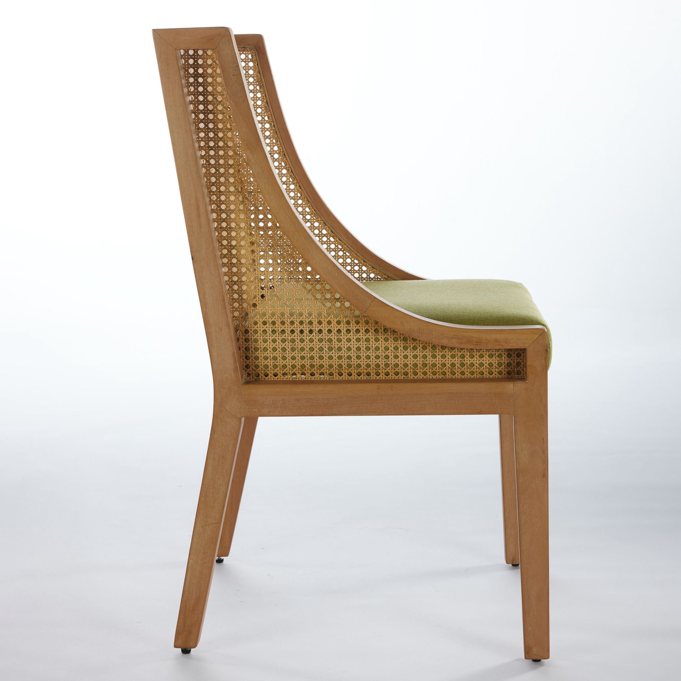 Noble House Dining Chair with Rattan Back, Linen Seat, Solid Wood Frame, Olive Green