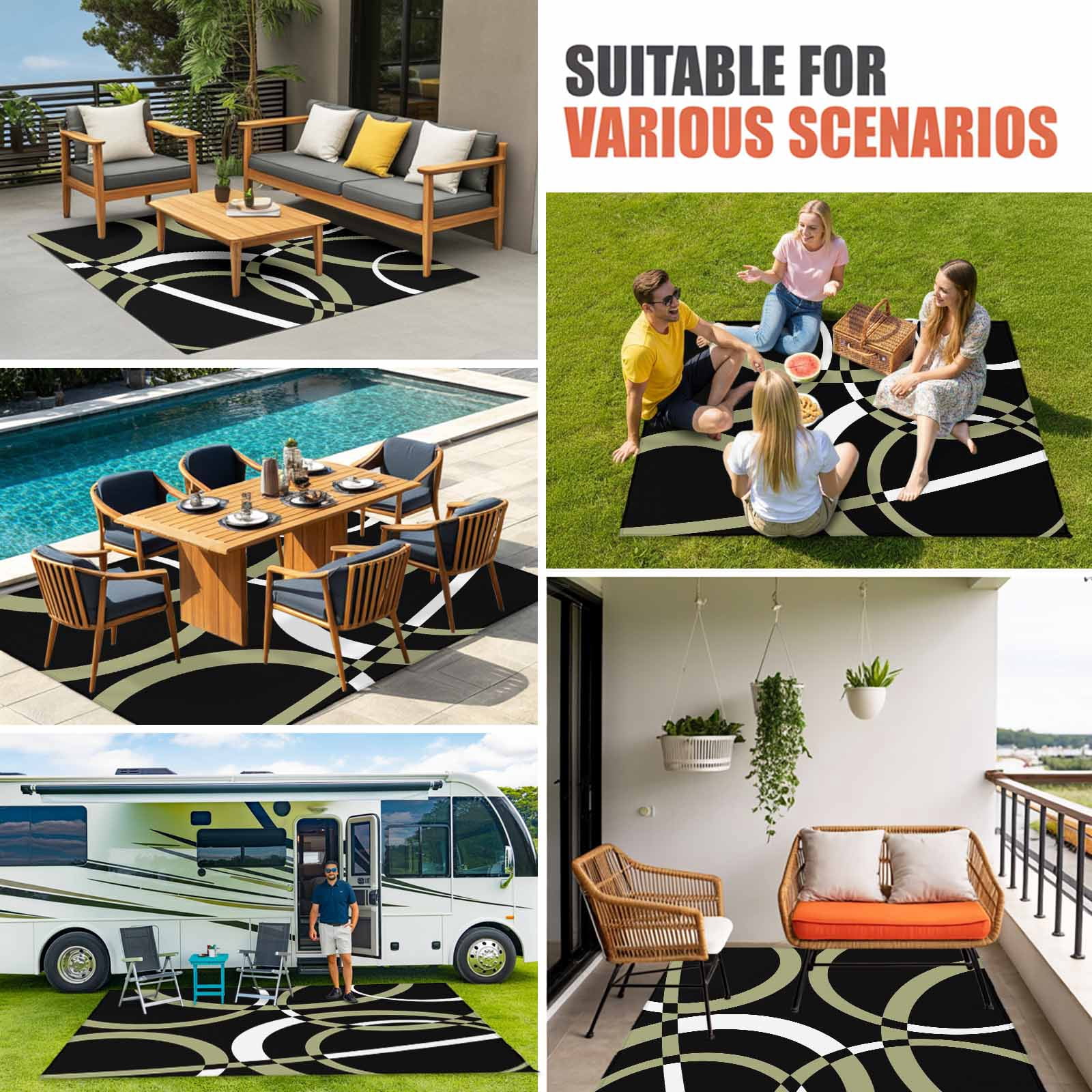 Black Geometric Outdoor Rug for Patio/Deck/Porch, Non-Slip Large Area Rug 5 x 8 Ft, Modern Sage Green White Striped Art Indoor Outdoor Rugs Washable Area Rugs, Reversible Camping Rug Carpet Runner