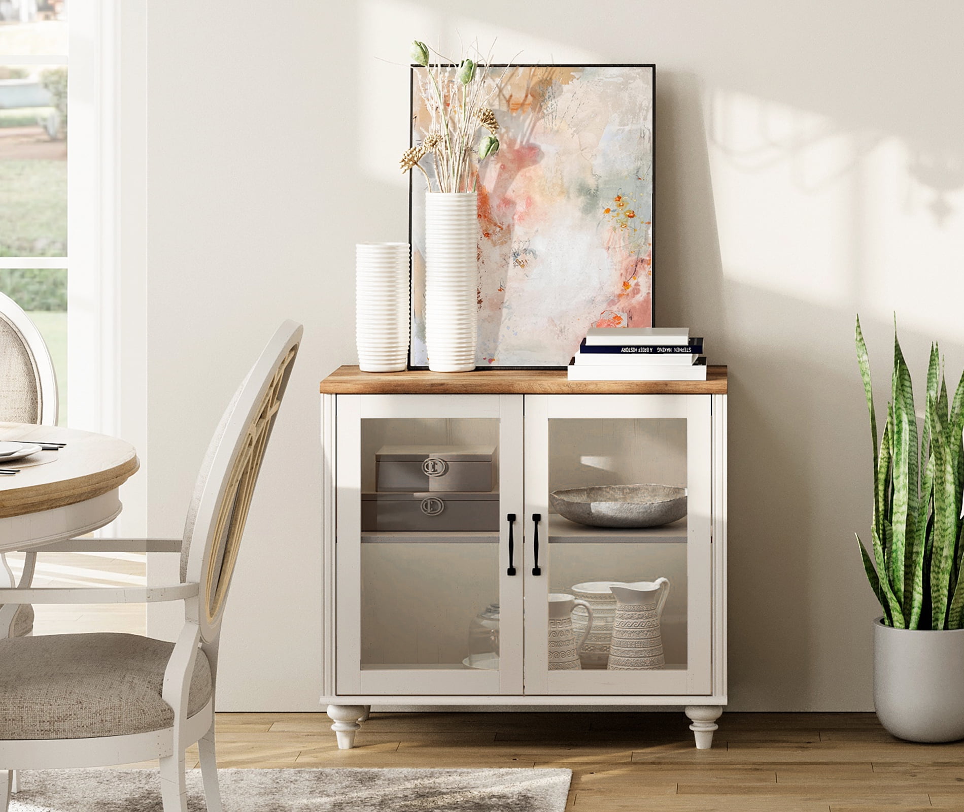 Farmhouse TV Stand for 43 Inch TV, Wood Entertainment Center with Storage Cabinet for Living Room Dining Room Bedroom, Off White