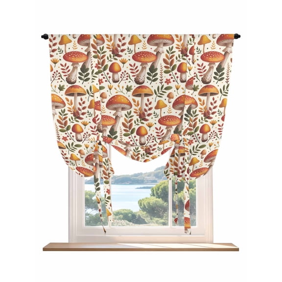 Orange Red Mushroom Fall Tie Up Curtains for Windows 63 Inch Length Balloon Curtains Kitchen Adjustable Balloon Window Shade Autumn Botanical Floral Leaves Tie Up Bathroom Curtain Window 46"x63"