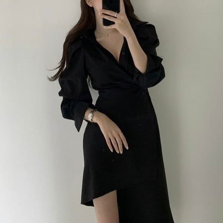 

Women Irregular Length Dress Lapel Single-Breasted Waist Mid-Length Design Long Women good-looking Dress Lapel Single-Breasted Waist Mid-Length Design Black Free Size