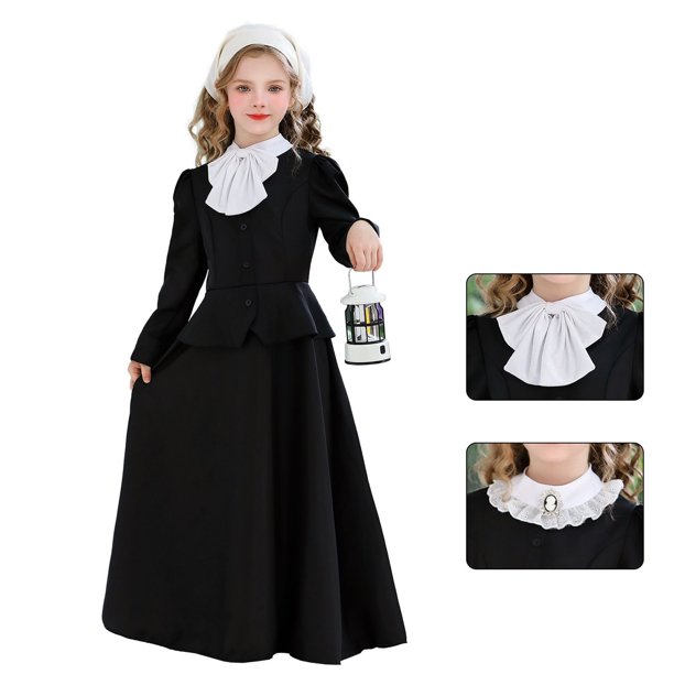 Vestido de manga larga con cuello redondo para niños, ideal para carnaval, fiestas, actuaciones escolares, color negro, incluye pañuelo en la cabeza, de poliéster.