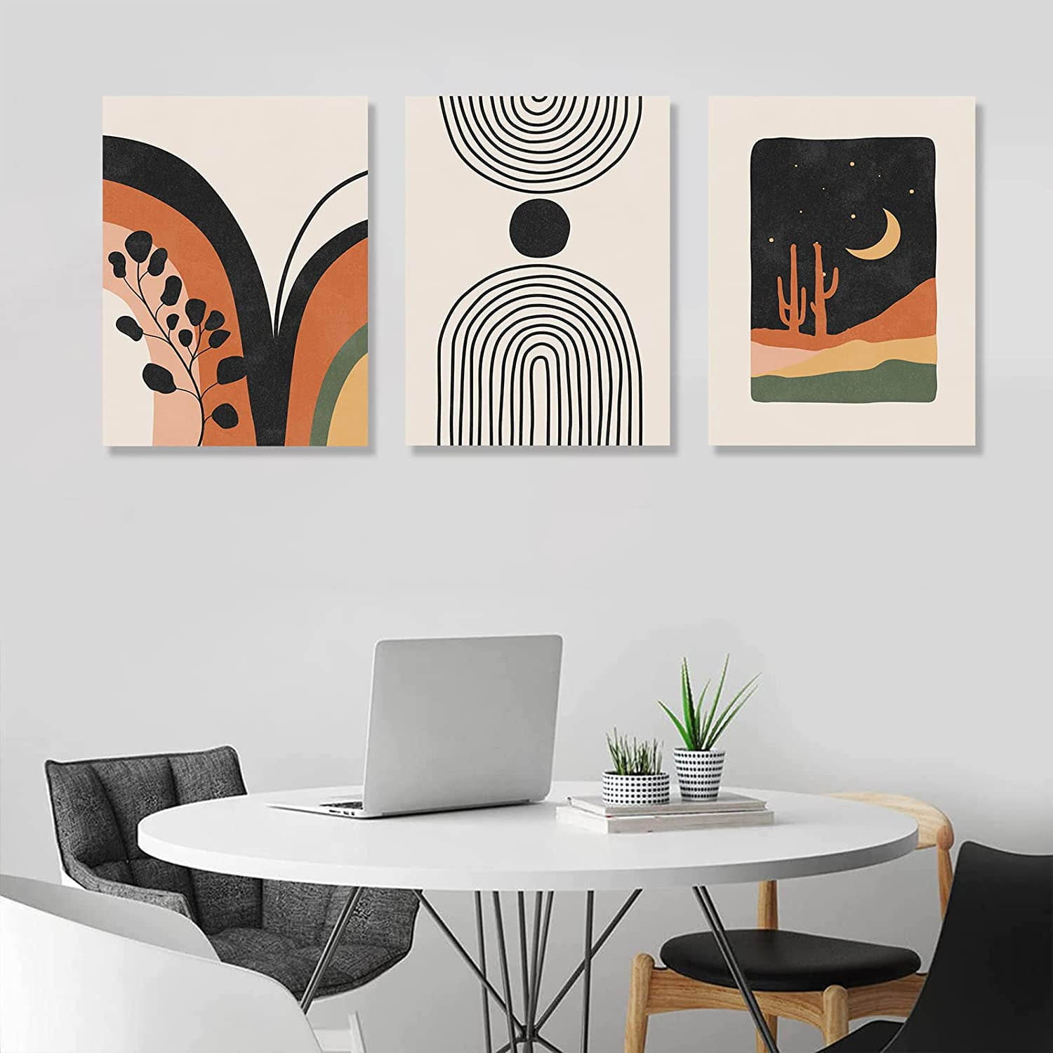 Boho Wall Art, Mid-Century Modern Wall Prints, Minimalist Framed Canvas Paintings Black Beige Orange Moon Plant Desert Geometric Neutral Abstract Artwork Pictures Boho Wall Decor 12"x16"x 3