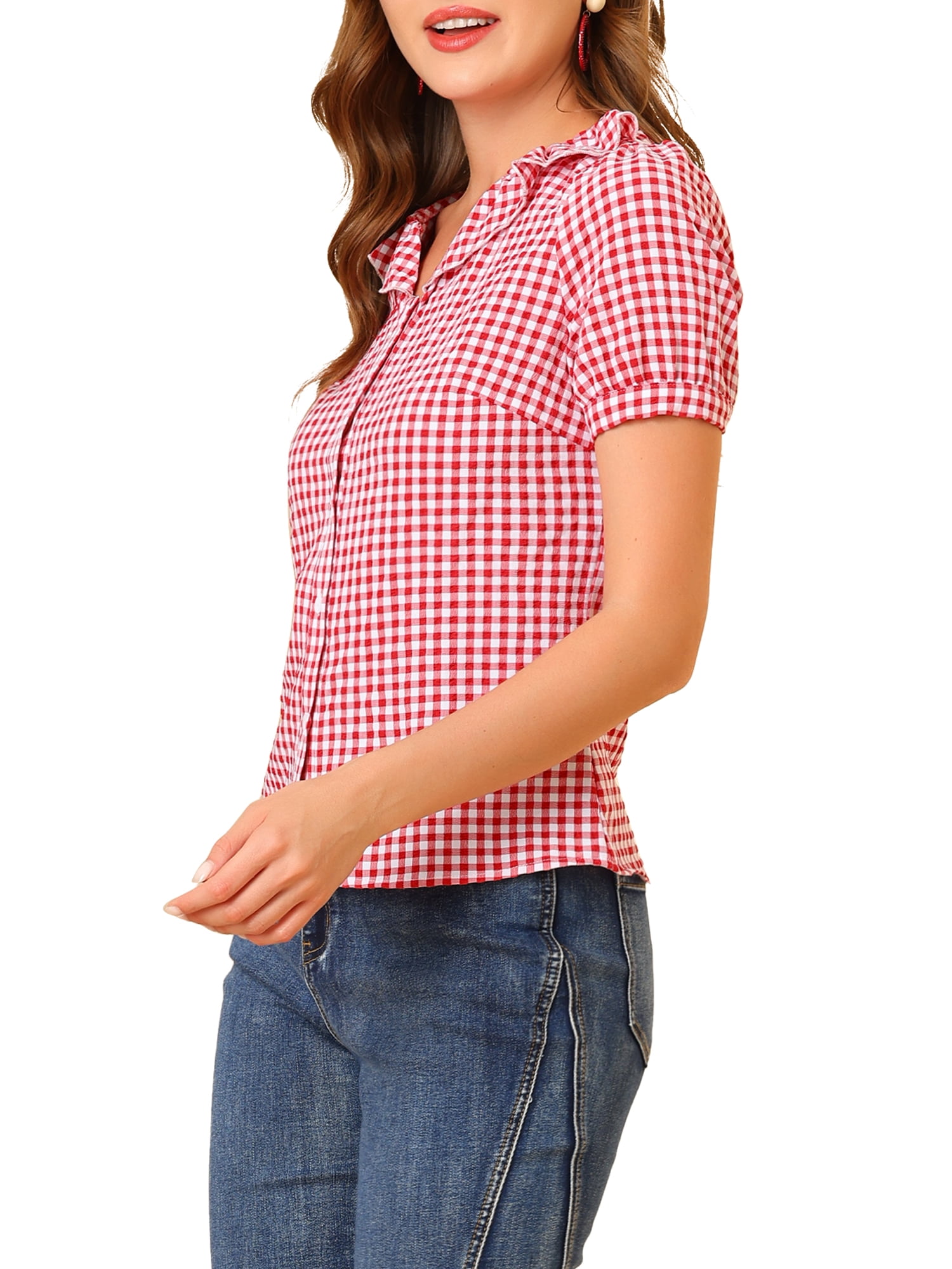 Unique Bargains Women's Puff Short Sleeve Peter Pan Collar Ruffle Plaid Shirt Top XS Red