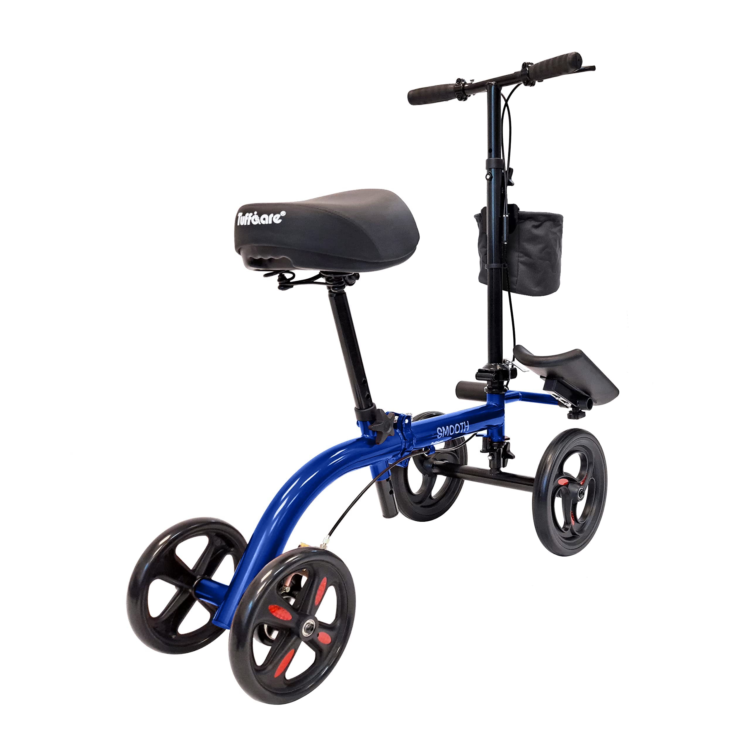 Tuffcare Smooth Seated Knee Scooter, Slow Propelled Steerable Mobility Knee Walker Crutches, Wheelchair Alternative with Dual Brakes, Fits Height of 5’2”-6’3” (Solid Rubber Tires, Cobalt Blue)