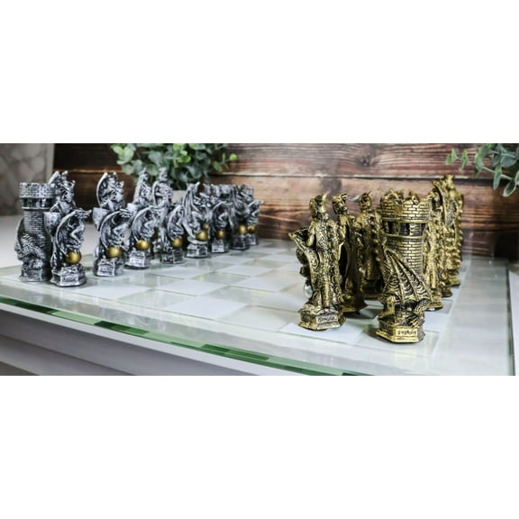Ebros Silver and Gold King Arthur Merlin Dragons Chess Pieces with Board Set