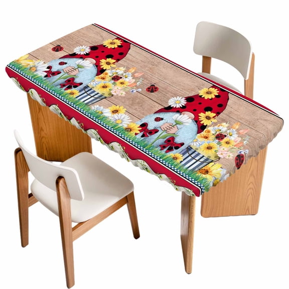 Red Gnomes Table Cloths for 5 Foot Rectangle Tables, Spring Daisy Wildflowers Farmhouse Wooden Plank Patio Waterproof Elastic Fitted Tablecloths, Washable Rectangular Table Cover for Camping