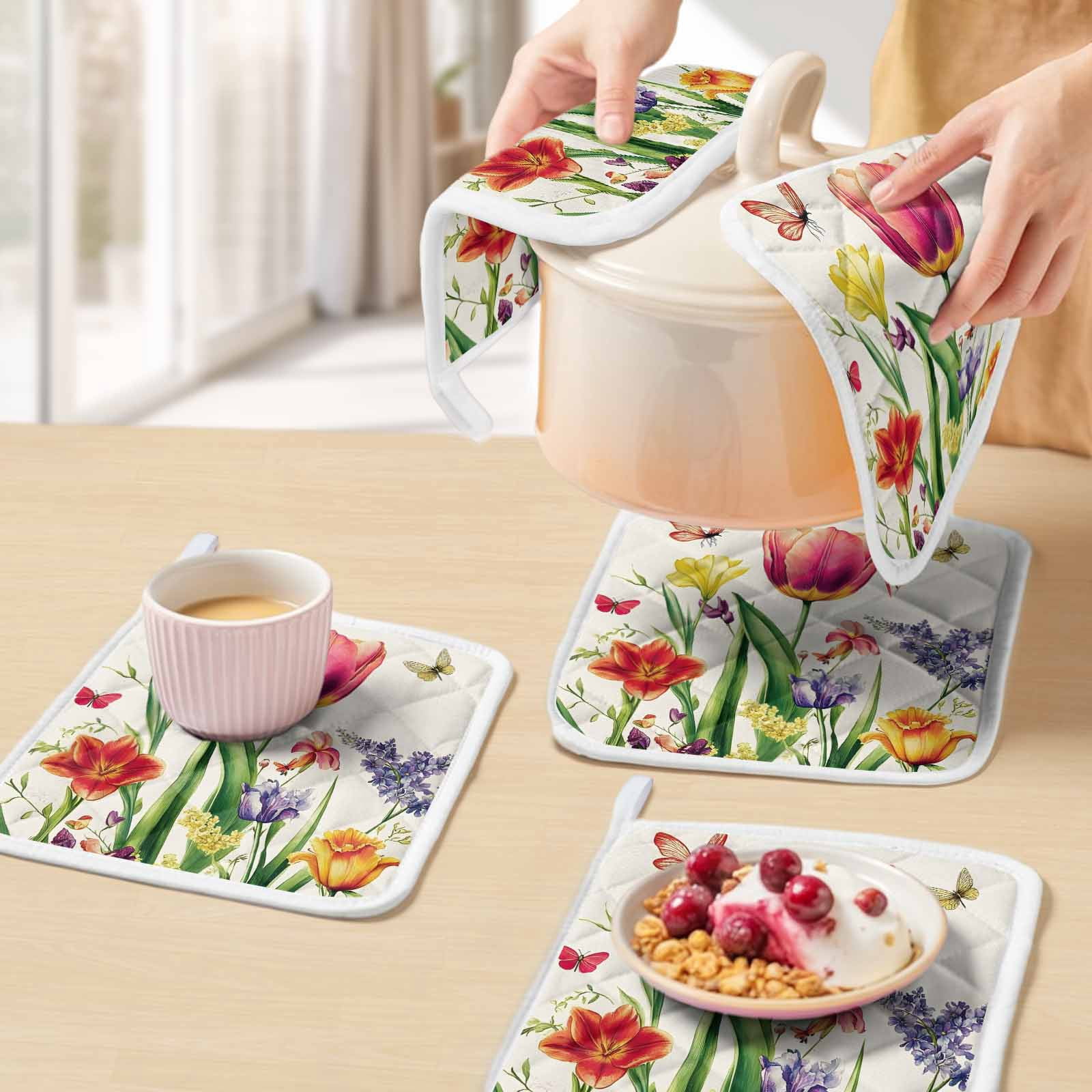 Spring Floral Pot Holders for Kitchen Heatproof Potholder, 4 Pack Rustic Tulip Butterfly Botanical Summer Hot Pads Multipurpose Oven Pads Cloth Potholders Trivet for Cooking and Baking