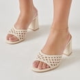 thumbnail image 6 of YDN Women Open Round Toe Woven Mules Slip on Cutout Chunky High Heels Casual Dressy Work Slide Sandals Size 7 Ivory, 6 of 6