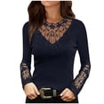 thumbnail image 1 of Pompotops Mode Femme Col Rond Dentelle Manches Longues T-Shirt Automne Uni Blouse Ajourée Hauts, 1 of 4