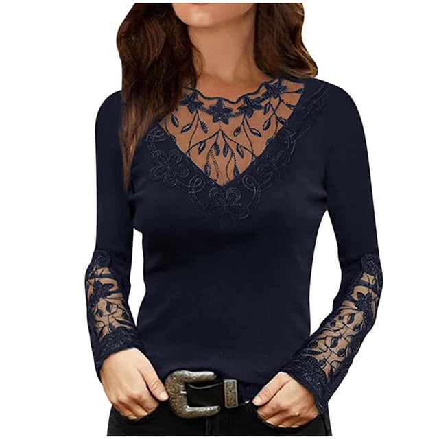 Pompotops Mode Femme Col Rond Dentelle Manches Longues T-Shirt Automne Uni Blouse Ajourée Hauts
