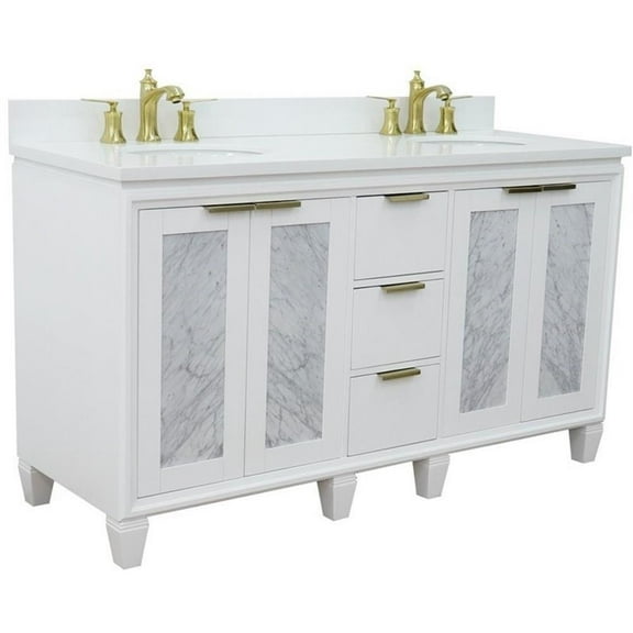 Trento 61" Double Oval Sink Solid Wood Vanity in White/White Quartz Stone