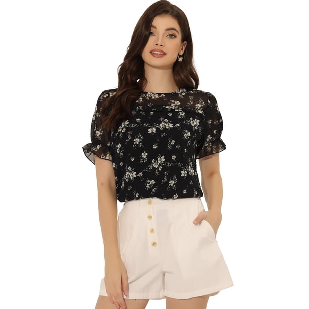 Blusa floral con ribete de volantes y manga corta de gasa para mujer Negro XL
