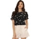 thumbnail image 1 of Blusa floral con ribete de volantes y manga corta de gasa para mujer Negro XL, 1 of 5