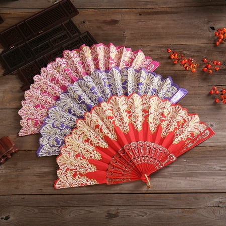 

XM Culture Folding Fan Chinese Style Exquisite Pattern Fabric Vintage Glittering Hand Fan for Wedding