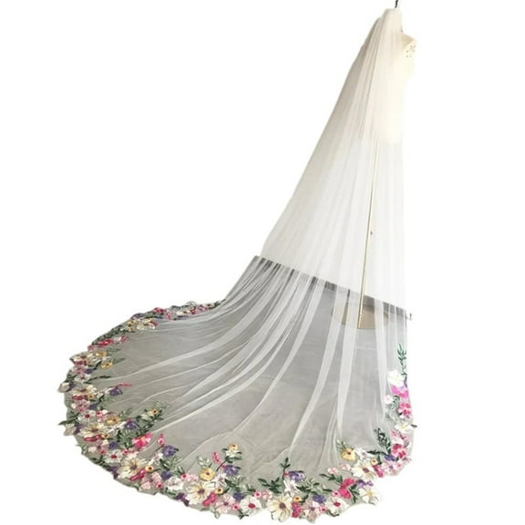 Floral Wedding Bridal Veil Colorful Cathedral Long with Comb for Brides