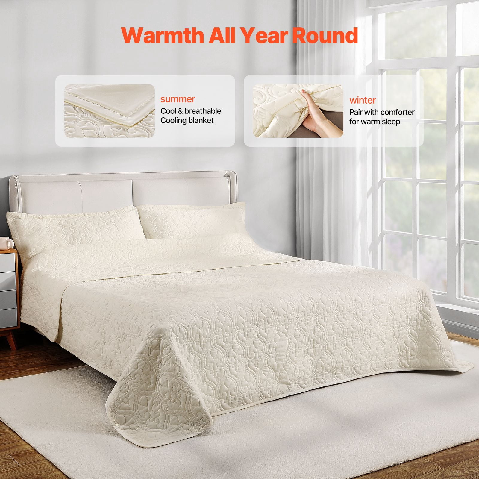 King Size 3-Piece Cotton Quilt Set with 3D Quilting, 100% Cotton Fabric, Polyester Filling, for All Seasons Bedroom