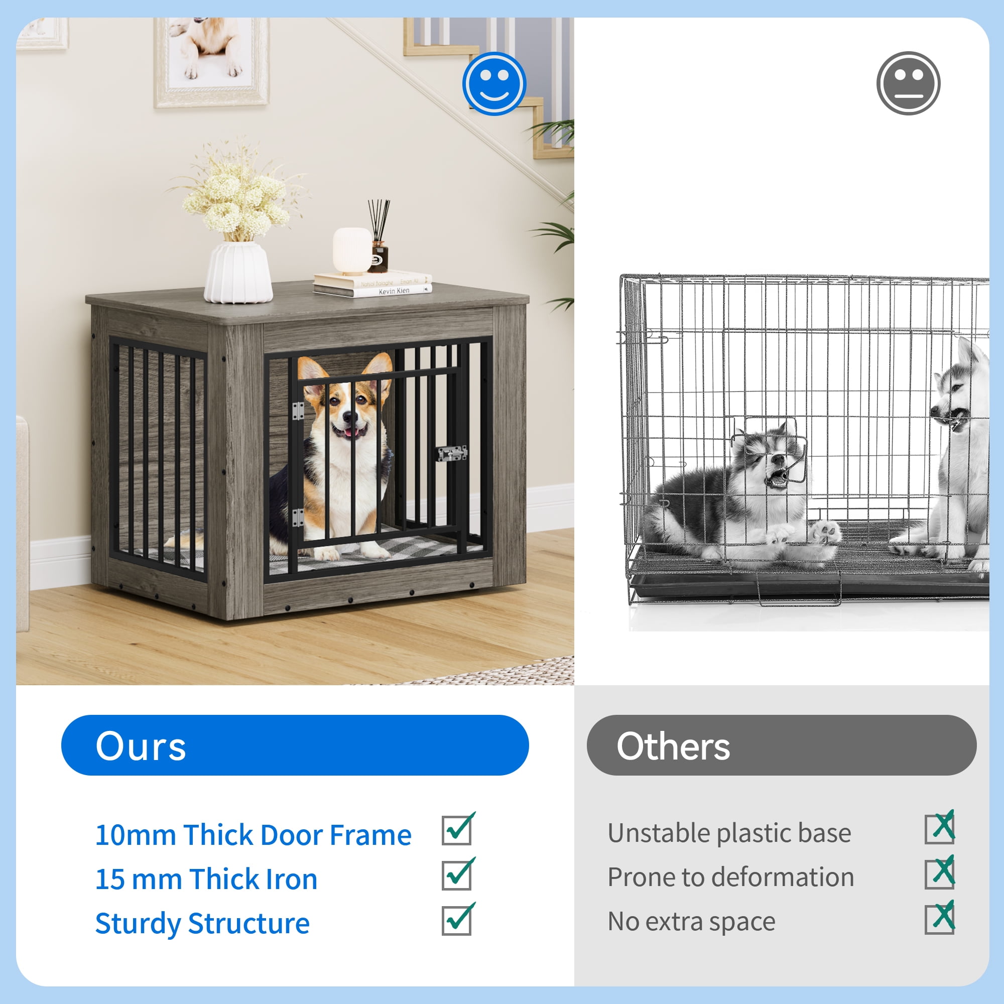 Dextrus Large Dog Crate Furniture, 2-in-1 Wooden Indoor Dogs Kennel Furniture with Waterproof Top&Safety Corners -30.1"L x 21.1"W x 25.0"H,Grey