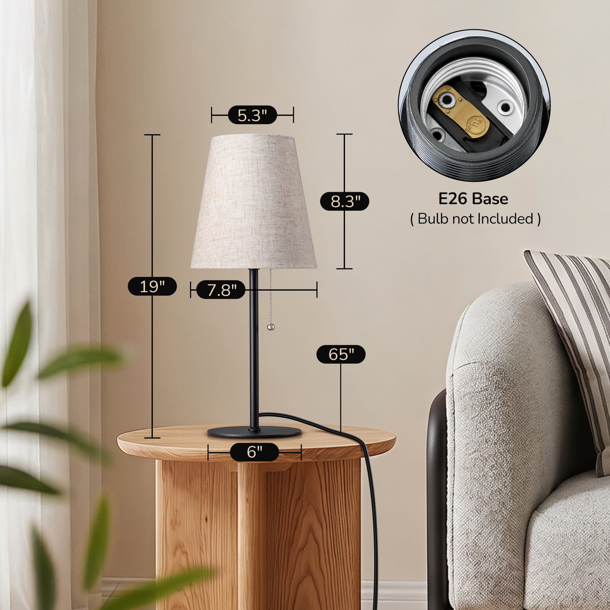 EDISHINE Table Lamps Set of 2 for Living Room Bedroom Pull Chain Switch