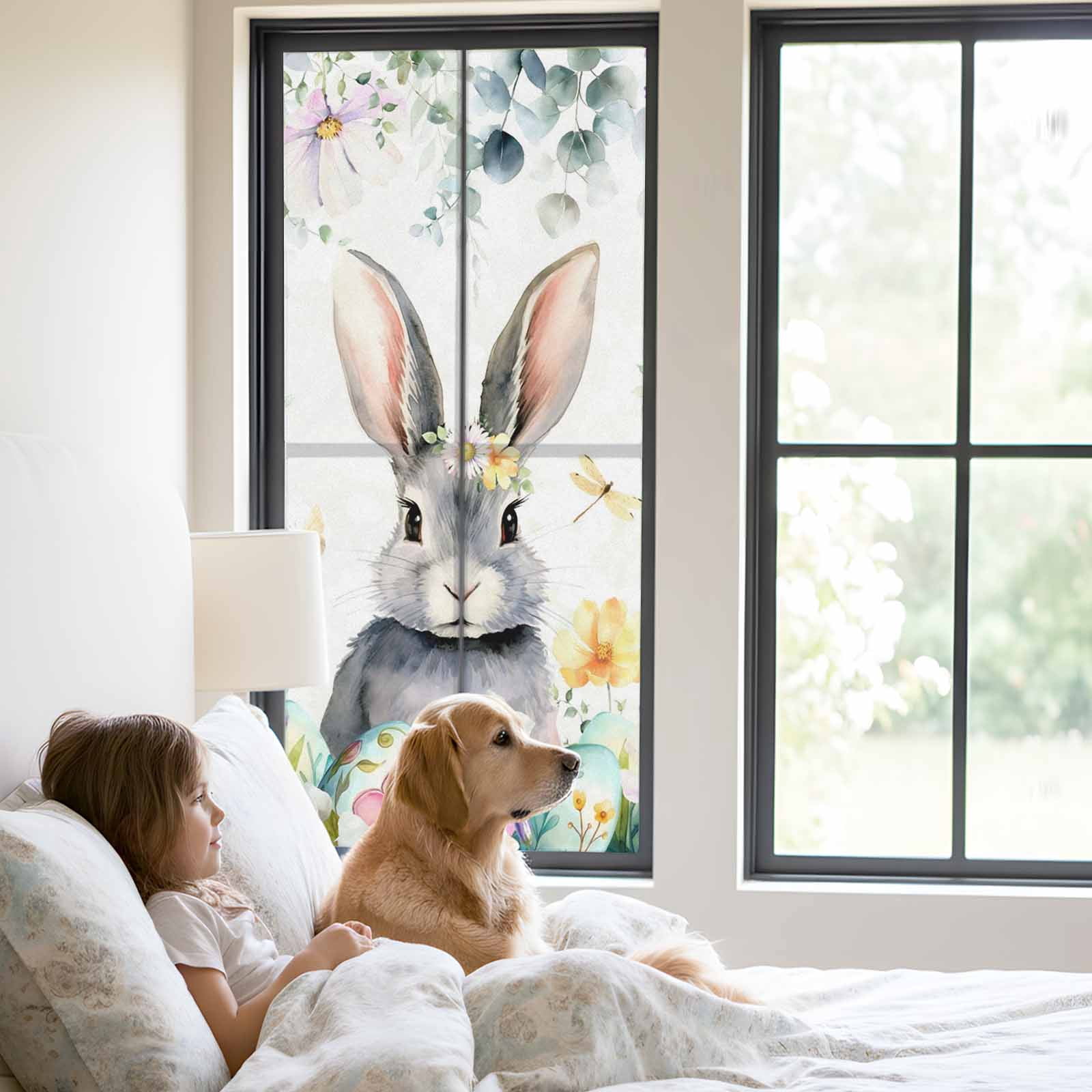 Easter Window Privacy Film, Watercolors Rabbits Flowers Eucalyptus Leaves Plants Frosted Glass Window Clings Static Cling UV Heat Blocking Reusable Door Sticker for Bathroom 23.6 x 59 Inch