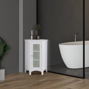 Teamson Home Freestanding Corner Floor Accent Cabinet with Tempered Glass Panel, White