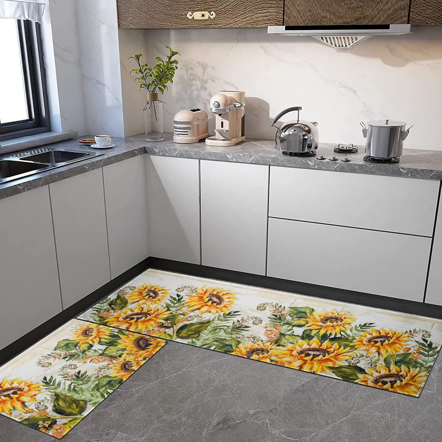 Sunflower Farmhouse Kitchen Rugs Set 2 Piece Colorful Fall Flowers Decorative Rug for Kitchen Low-Profile Floor Mats Decorations for Home Kitchen (17"x48"+17"x24")