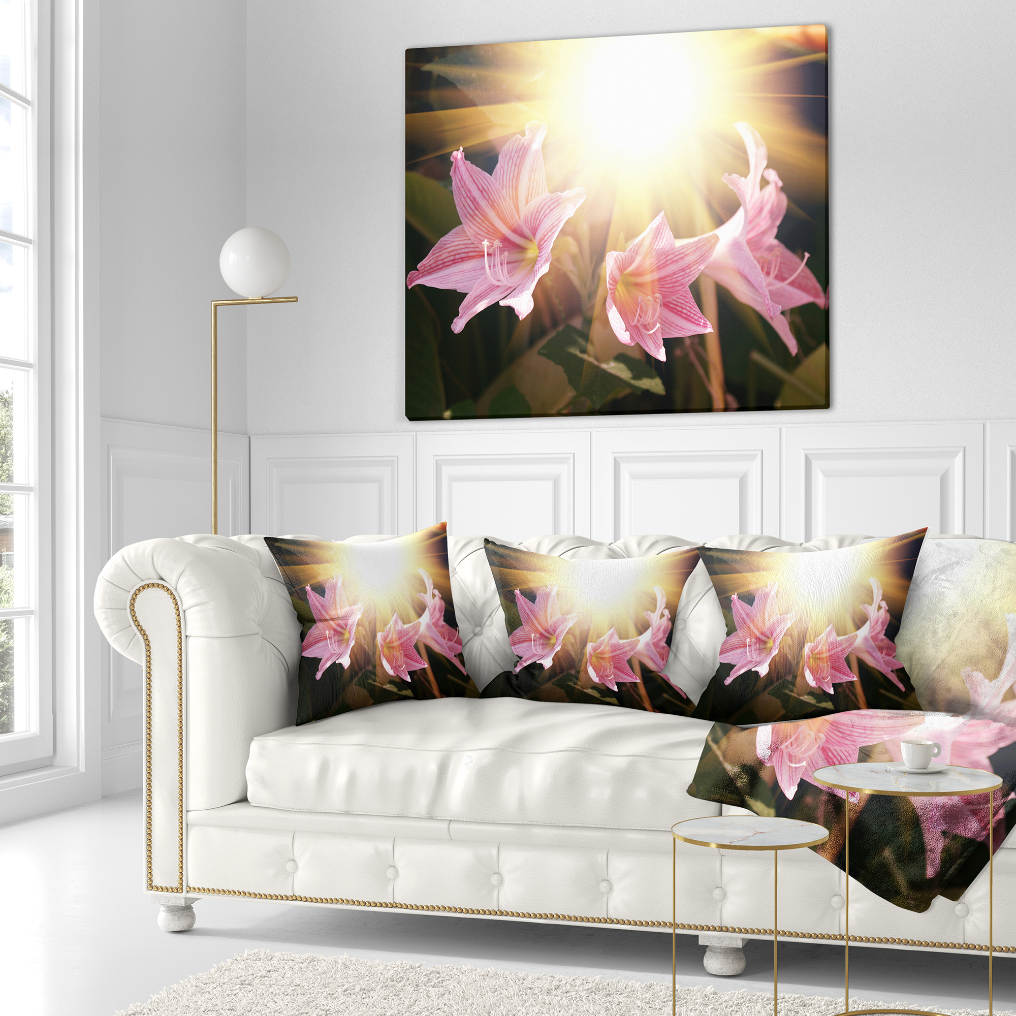 Designart Large Pink Flowers with Sunlight - Flower Throw Pillow - 16x16