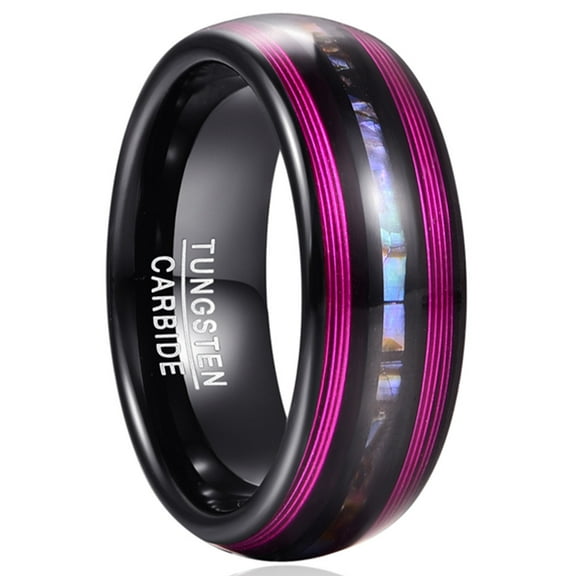 Abalone Shell Black Tungsten Carbide Wedding Band with Red Guitar String Inlay Dome Style Rings