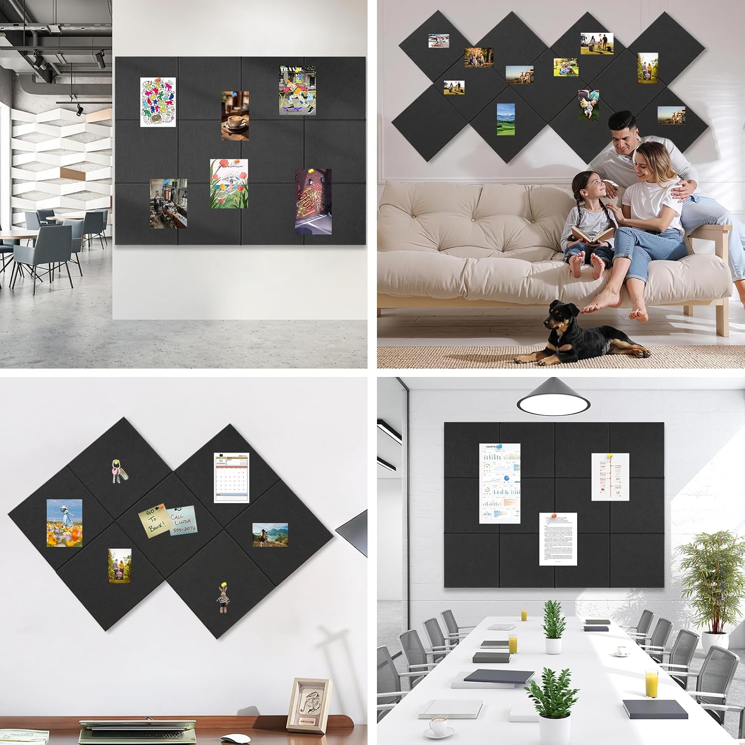 Large Cork Boards for Walls, 48" x 36", 12 Pack Bulletin Boards Alternative, Cork Board for Office, Black Felt Wall Tiles, with Removable Nano-Adhesive and Pushpins