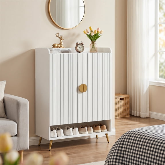 44" Tall Shoe Storage Cabinet, 7-Tier Doors, Adjustable Shelves, Entryway Storage Cabinet, White