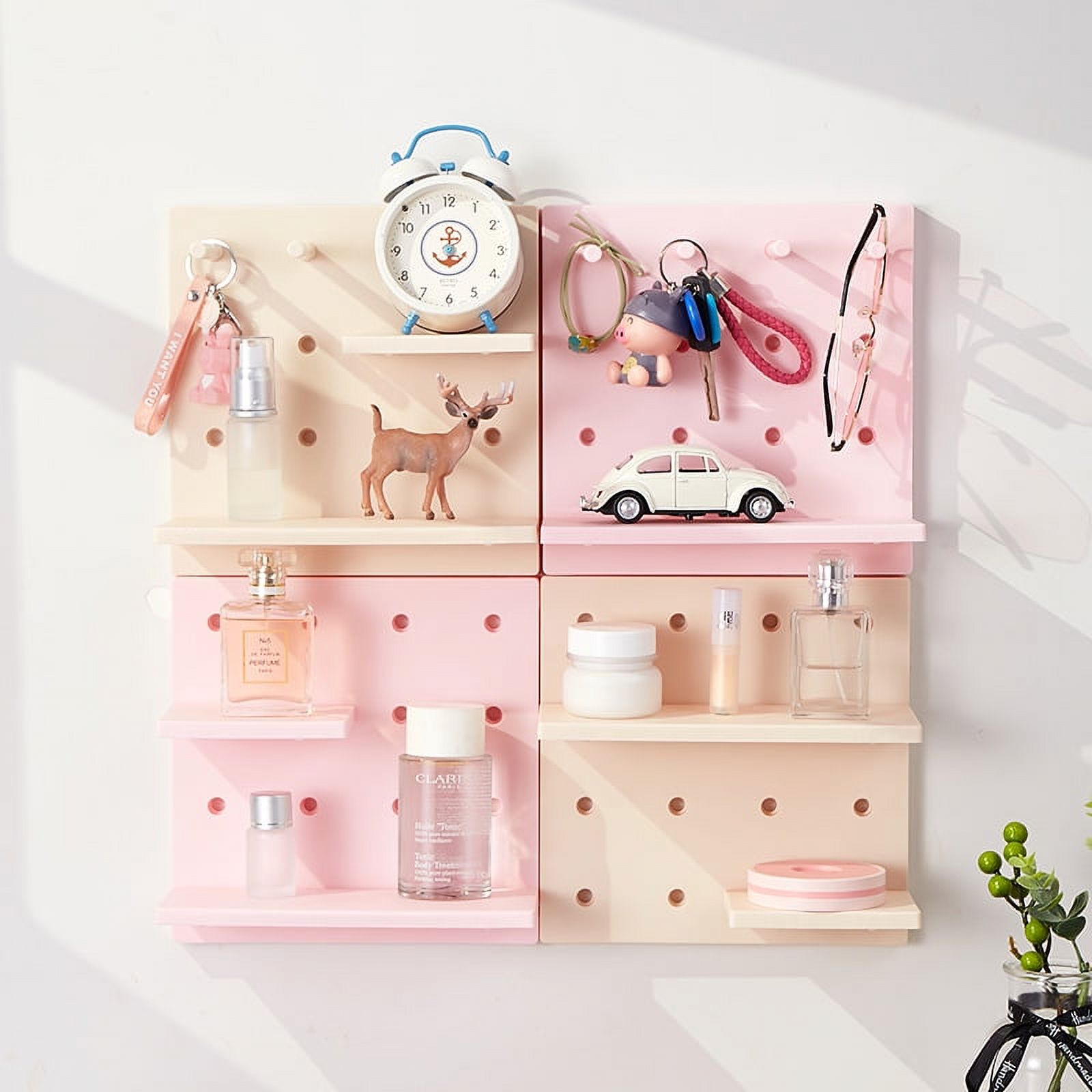 Zhuge Plastic Pegboard Set of 4 - Decorative Wall Mounted Plastic Floating Shelves, Pegboard Wall Shelves Organizer, Entryway Organizer with Key Hooks for Bedrooms, Bathrooms and Kitchens (White)