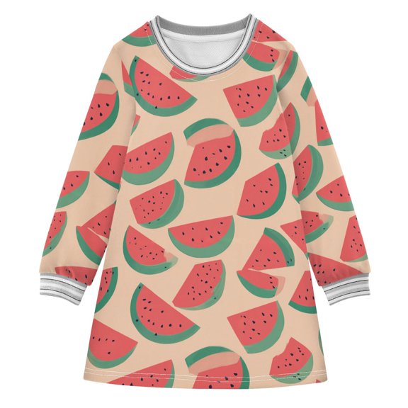 Girls' long-sleeved dress Cute Little Watermelon Girls' A-line dress with ribbed cuffs Soft and comfortable