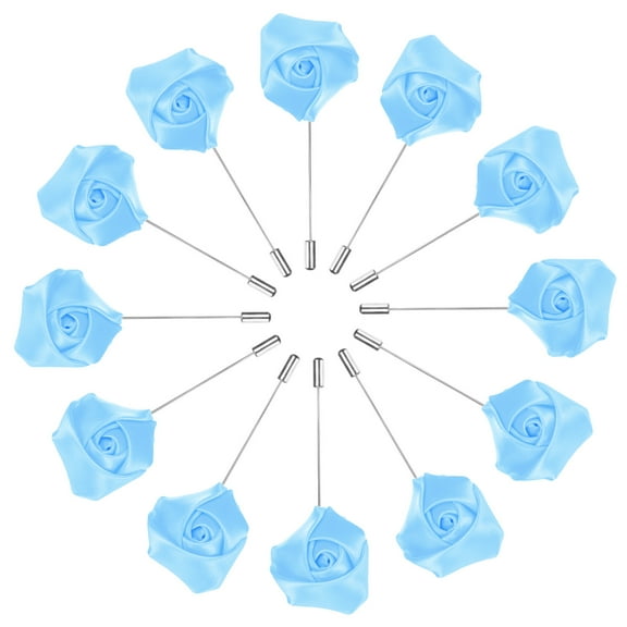Uxcell 12-Pack Flower Lapel Pins for Men, Rose Boutonnieres Pin Groom Boutonnieres for Wedding/Dance/Party [Light Blue]