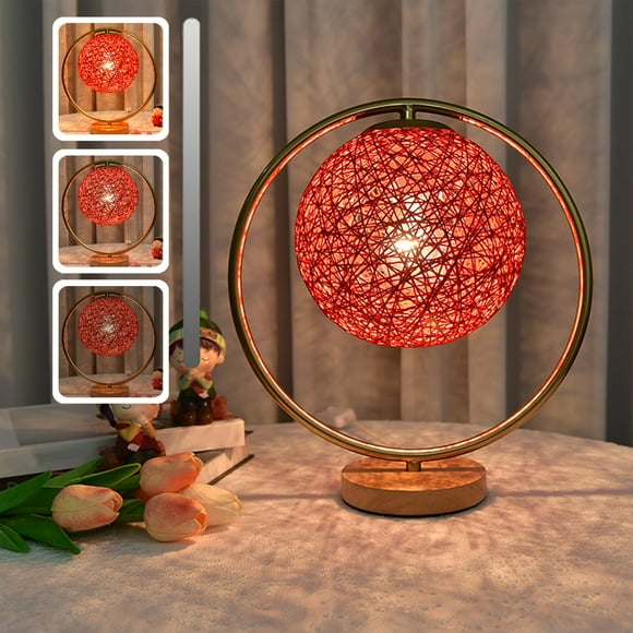 Dvkptbk Table Lamp for Bedroom Infinitely Dimmable Nightstand Lamp with Handwork Rattan Lampshade for Living Room Office Dorm, Solid Wood, LED Bulb Included Desk Lamp Home Decor