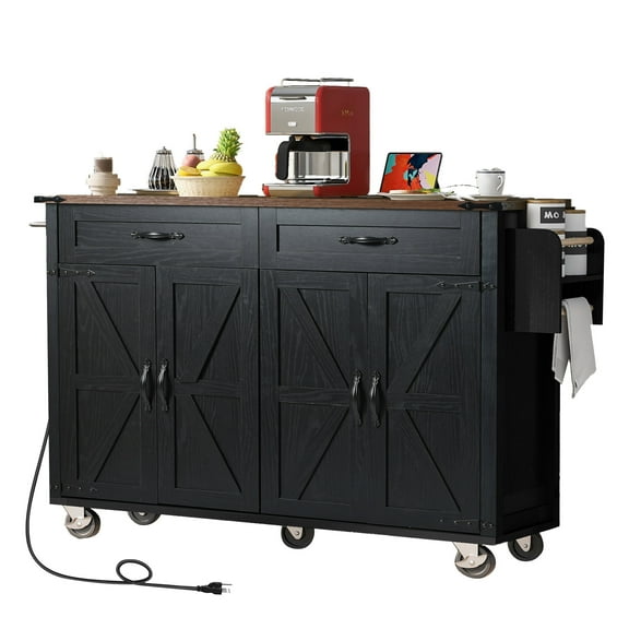 Homycasa Rolling Kitchen Island with Storage and Drop-Leaf Countertop Black