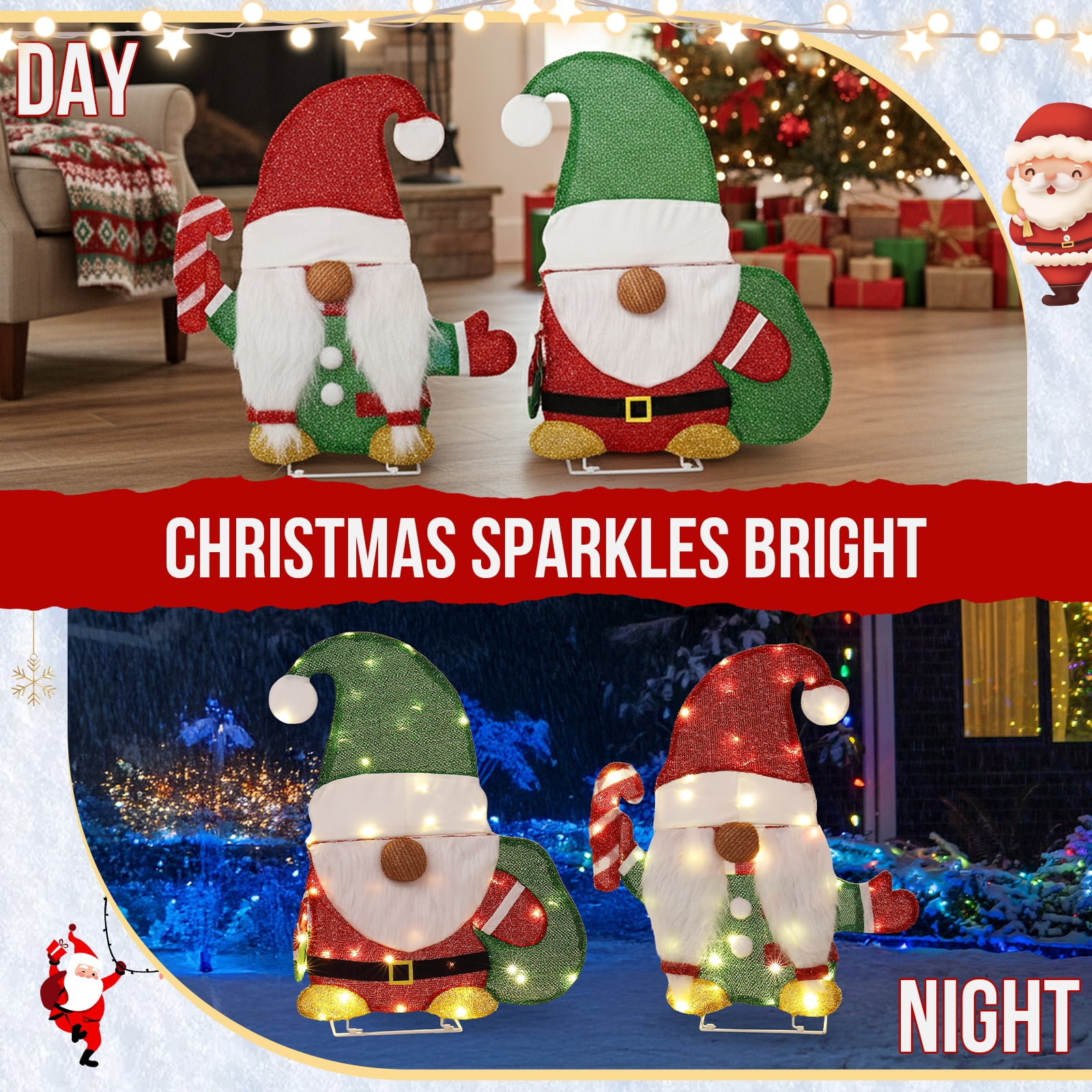 Astoutdoor Set of 2 Lighted Christmas Gnome Decorations, Pre-lit 2D Holiday Display with 80 Warm White LED Lights, Indoor Outdoor, White