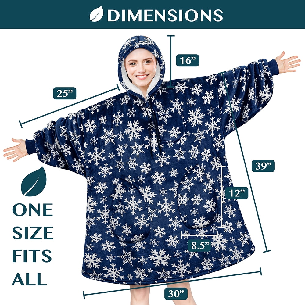 PAVILIA Blanket Hoodie for Women Blue, Sherpa Wearable Blanket Men, Cozy Oversized Sweatshirt Blanket, Warm Fleece Hooded Blanket Sweater with Sleeves and Two Big Pocket, Blue Snowflake