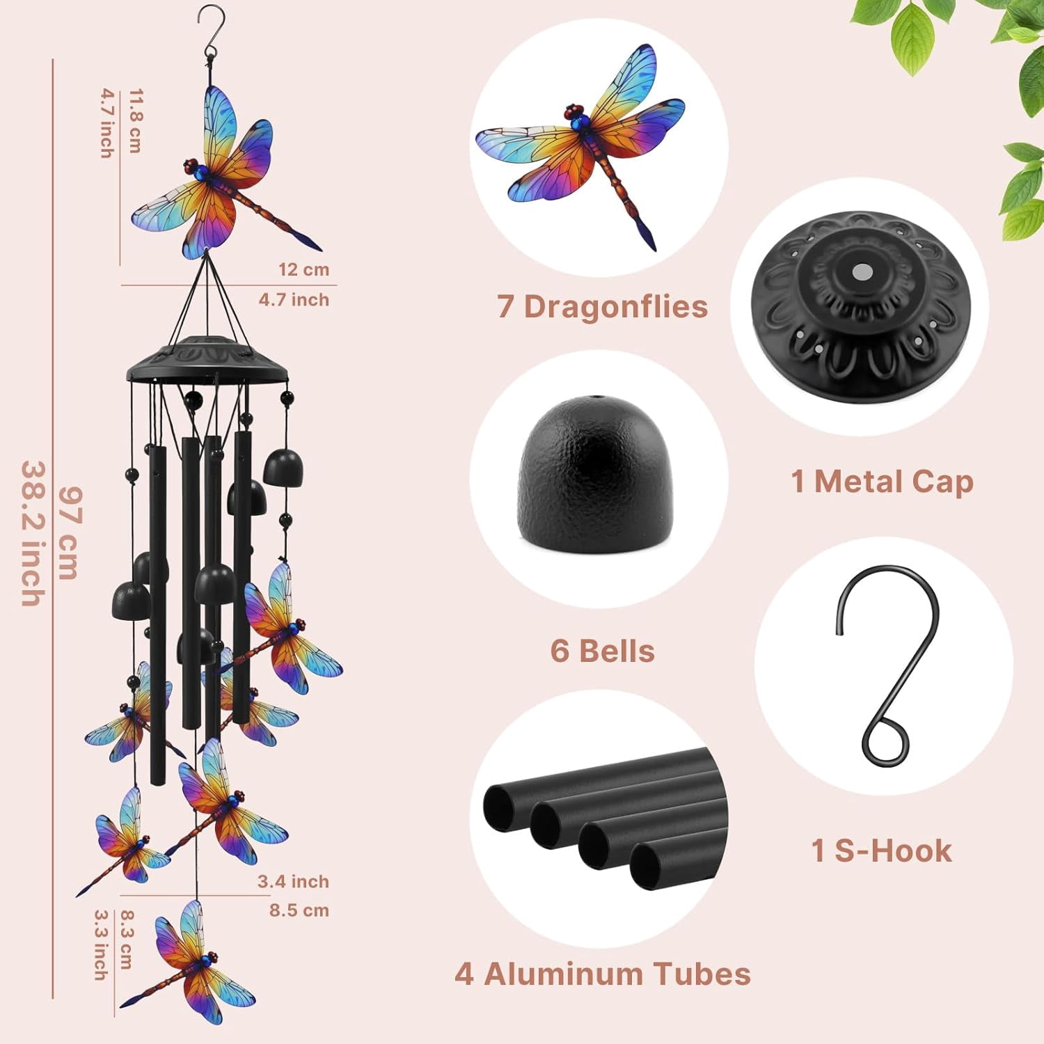 Dragonfly Wind Chimes for Outside 38.2", Metal Outdoor Windchimes, Balcony Decor Gifts for Nature Lovers