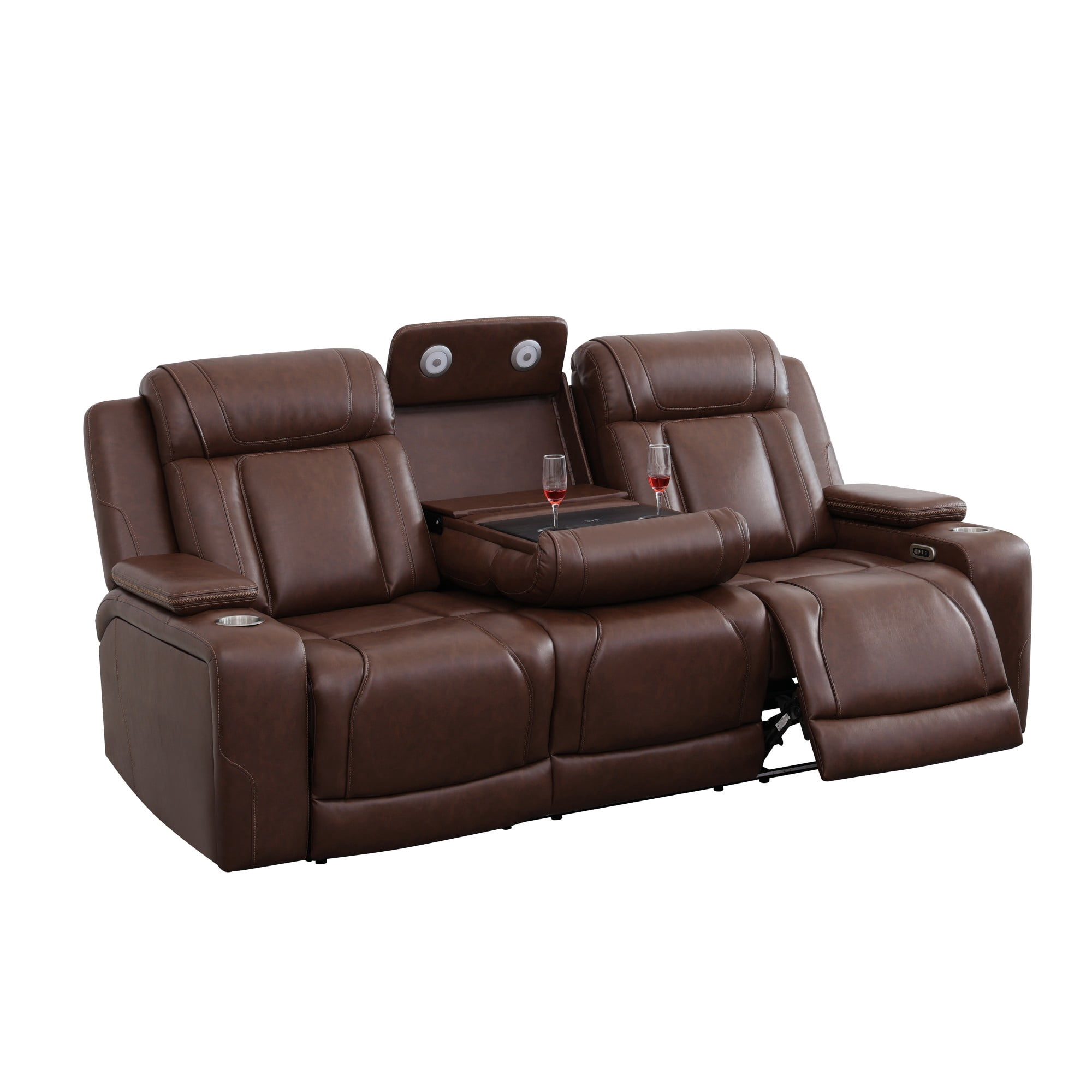 Gewnee 3‑Seater Power Recliner Sofa, Air Leather, USB & Type‑C Wireless Charging, Armrest Storage, Flip‑Up Tea Table, LED Light, Home Theater Seating for Living Room，Reddish-brown