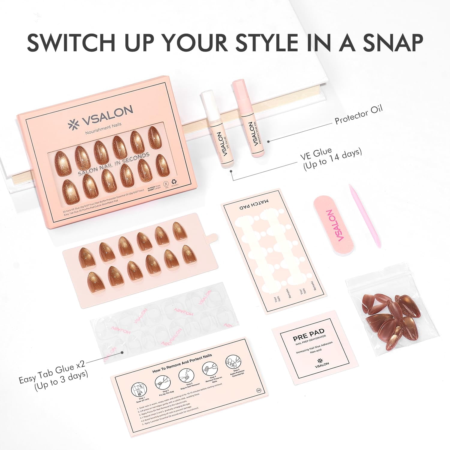 VSALON Press On Nails Short Almond, 32 Pcs 16 Sizes Brown Cat Eye Press On Chrome Fake Nails With Glue & Cuticle Oil, Reusable Stick On Nails False Nails Kit Valentines Gift For Women