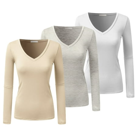 - Emmalise Women's Casual Basic V-Neck Tshirt Long Sleeves Tee Top - Junior and Plus Sizes