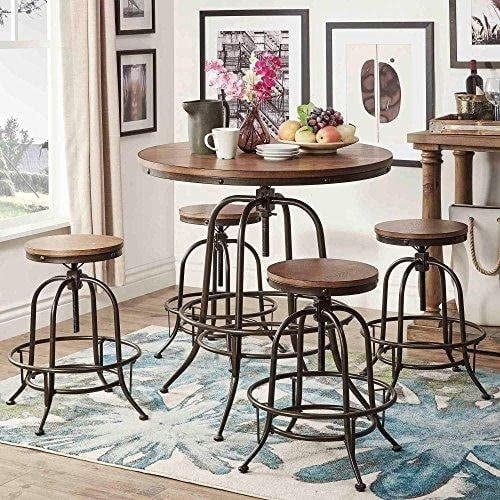 Modern Rustic Industrial Round Counter Height Pub Adjustable Dining Set In Brown Finish 1 Table With 4 Stools Without Backrest Com Pub Adjustable Dining Set, Rustic Round Counter Height Dining Table