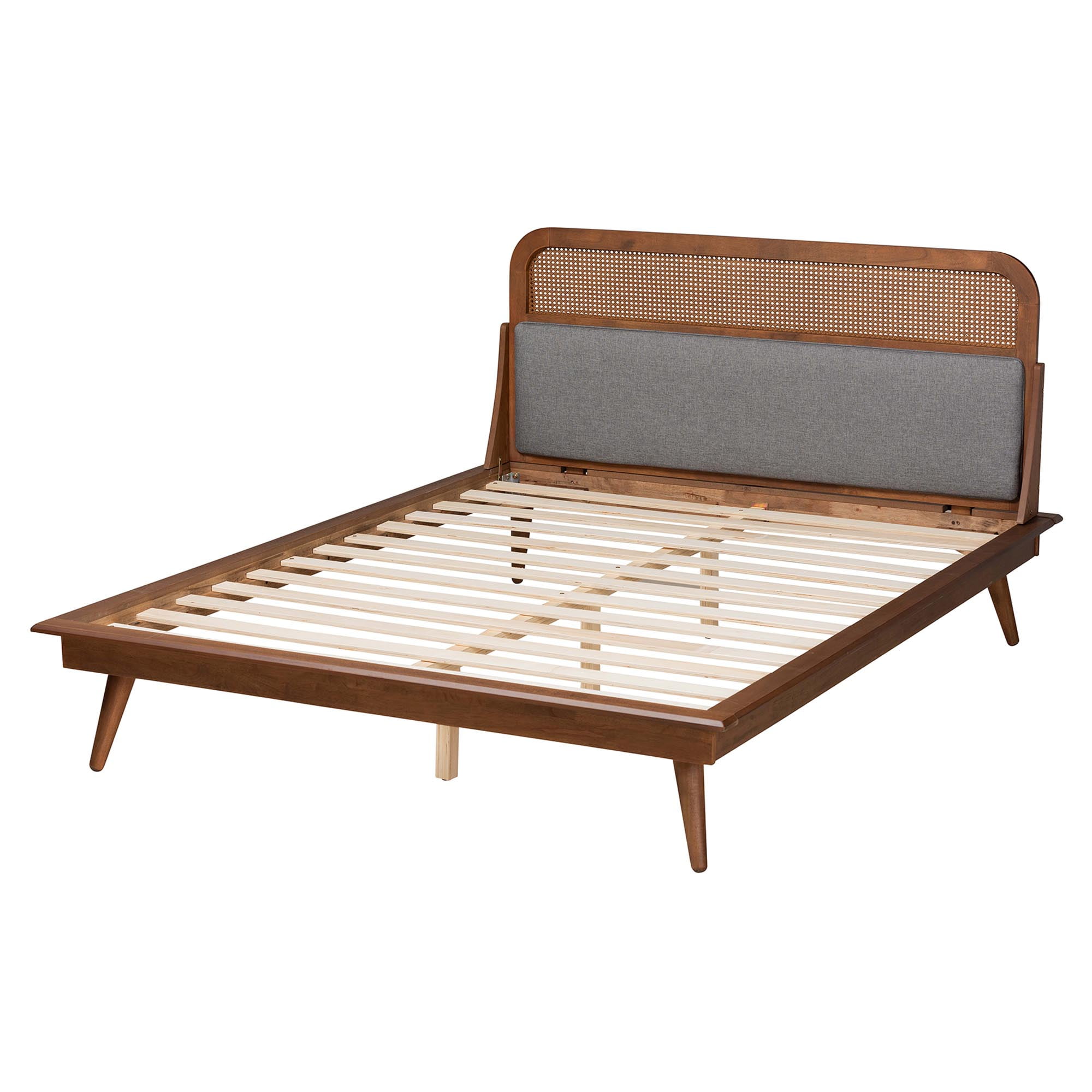 Baxton Studio Irina Mid-Century Modern Grey Fabric and Ash Walnut Finished Wood Queen Size Platform Bed