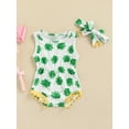 thumbnail image 2 of Newborn Girl Romper Outfits, Clover Printed Round Neck Small Hairball Decor Sleeveless Bodysuit + Cute Headband Set, 2 of 8