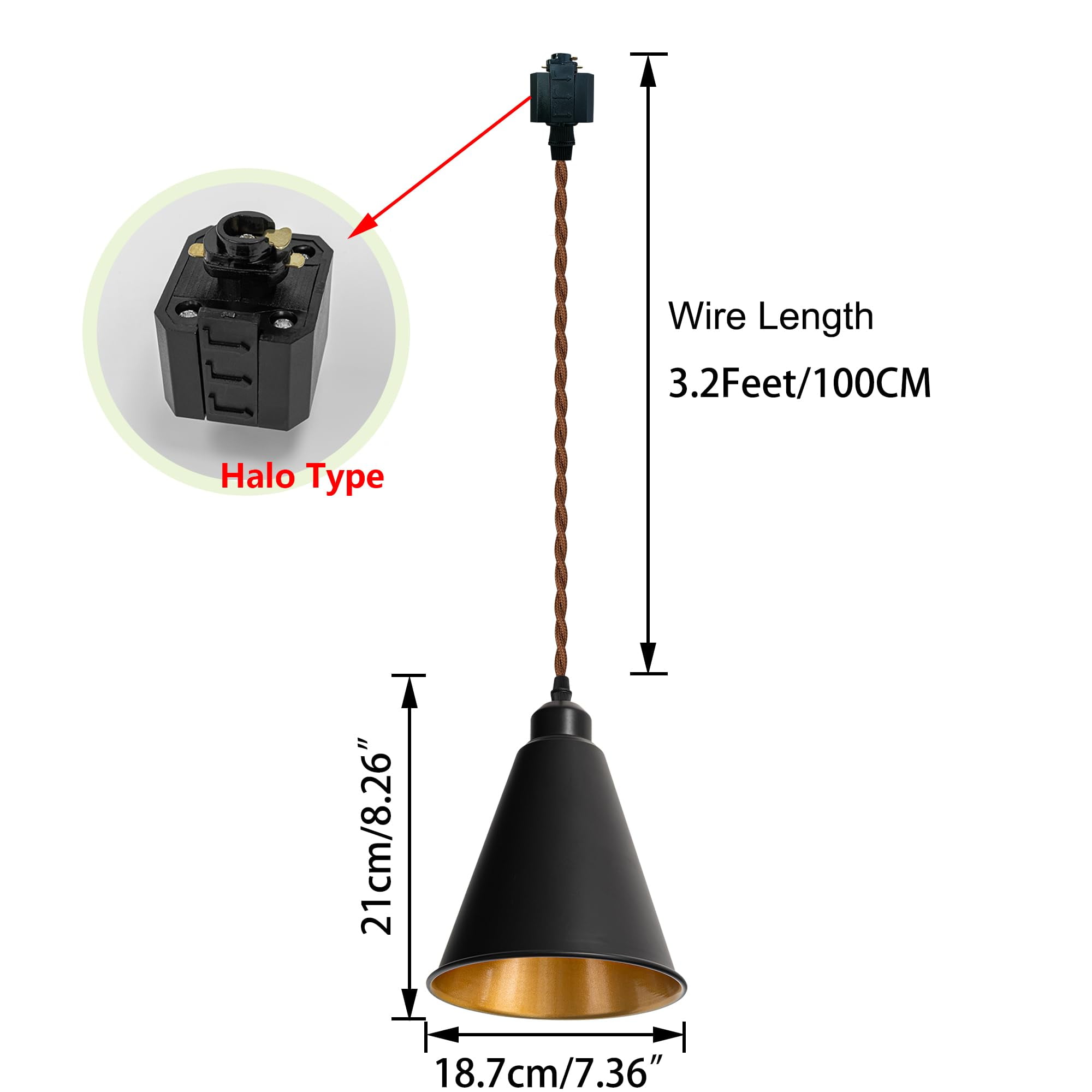 LAYYELAMP Black Metal Cone Shade Inner Gold Track Lighting H-Type 39.3 Inches Brown Twisted Cord Vintage Remote RGB Warm Light Track Lamp for Kitchen Dining Table Loft