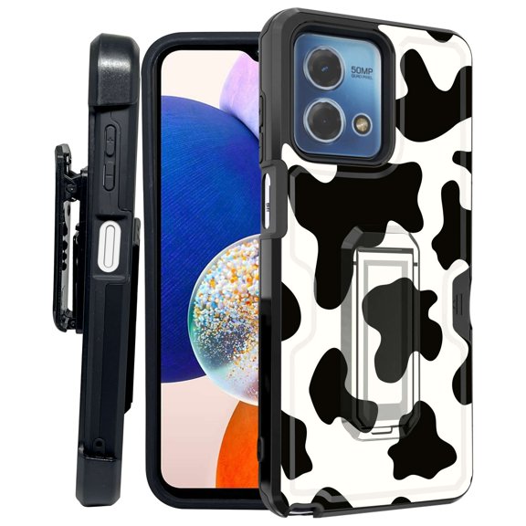 ANJ  Rugged Shockproof Kickstand Hybrid Case with Card Slot and Holster   Tempered Glass Cover for Motorola Moto G Stylus 5G (2023) - Cow Print 2