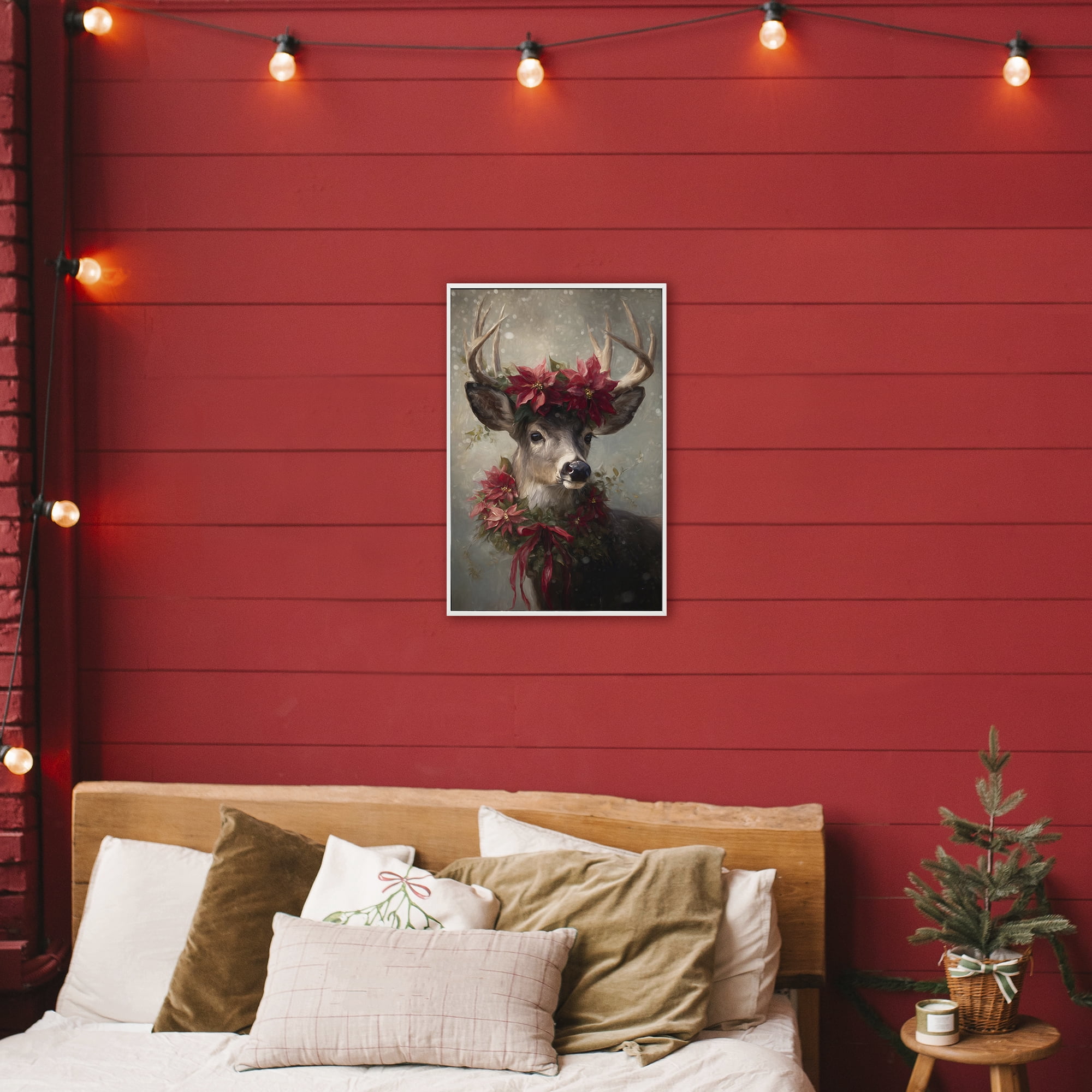 Stupell Industries Poinsettia Christmas Deer White Framed Giclee Art, design by Tina LeCour