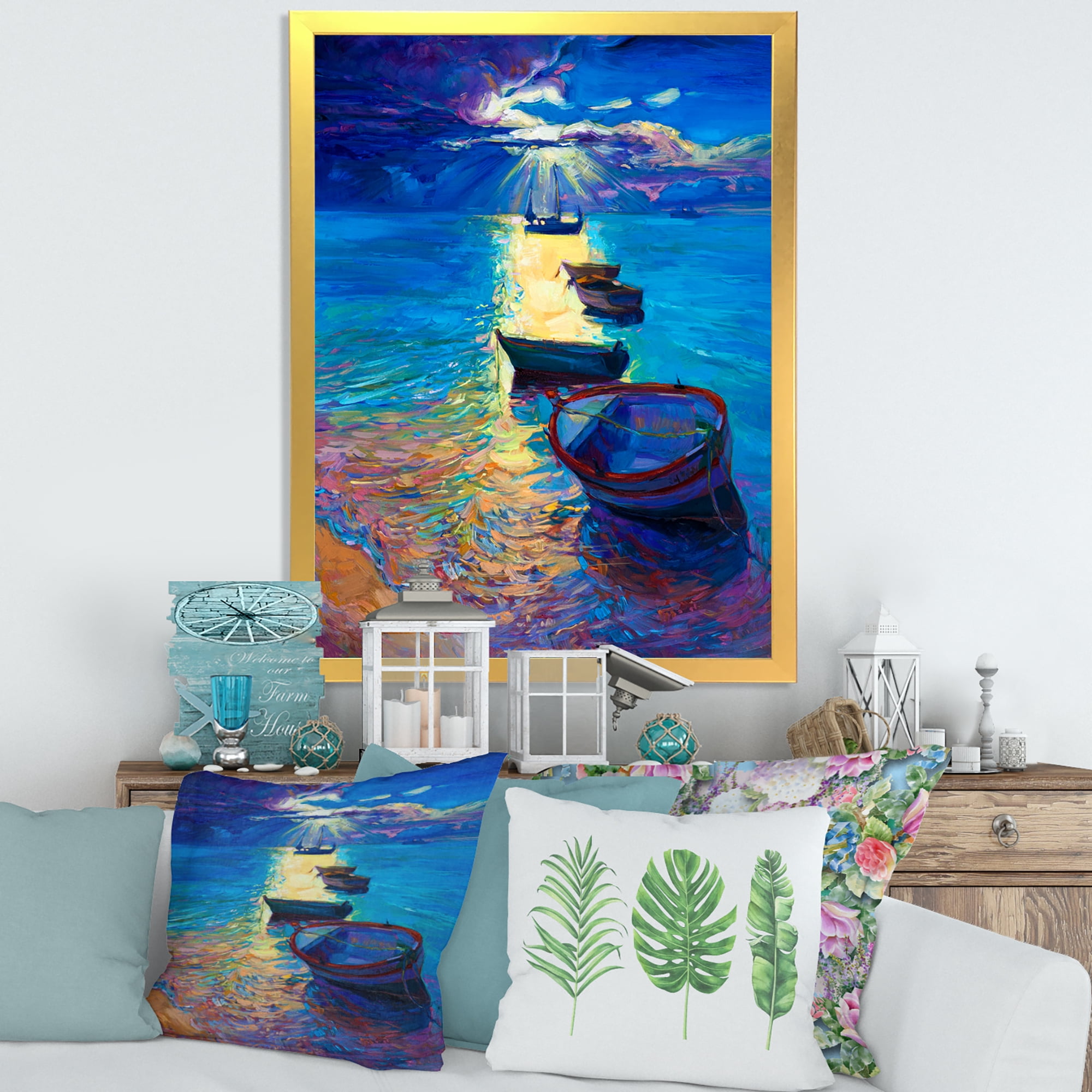 Designart 'Fishing Boats On The Water With Dark Blue Sky Illustration' Lake House Framed Art Print