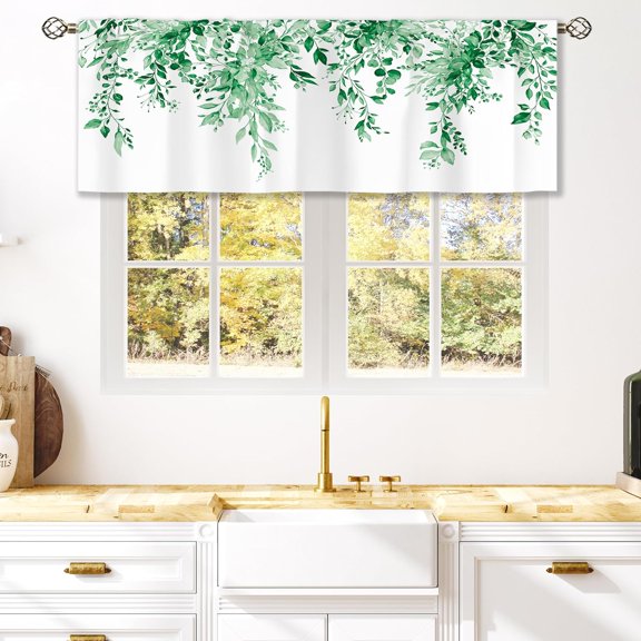 Eucalyptus Turquoise Green Leaves Curtain Valance for Window Treatments Botanical Floral Plant Rod Pocket Kitchen Treatment Flower Drapes for Bathroom Bedroom Living Room 1 panel (52x18 Inch)